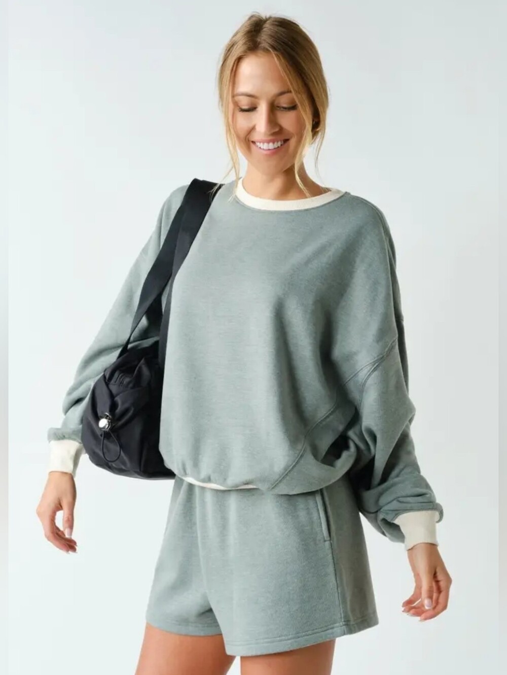 Cozy Sage Green Sweatshirt & Shorts Set